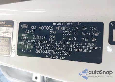 2021 Kia Forte Gt-Line from USA, damaged, VIN 3KPF34AD7ME367629